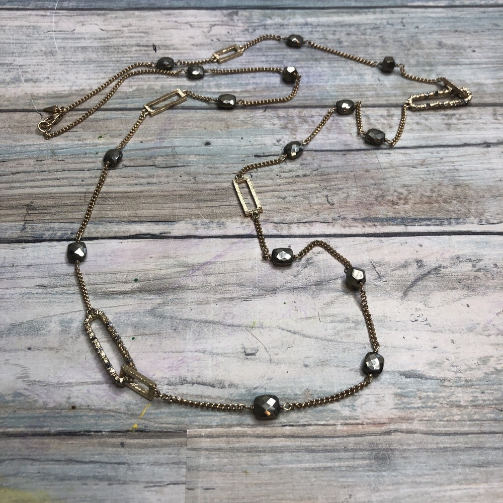 Aleixs Bittar‎   Stone Stations Necklace 32" chain Crystals Gold Tone Gray